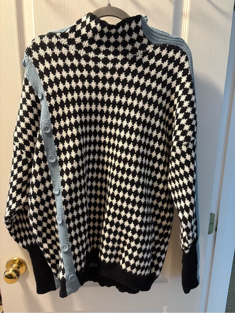 Black & White Houndstooth Mock Neck Sweater with Light Blue Button Trim